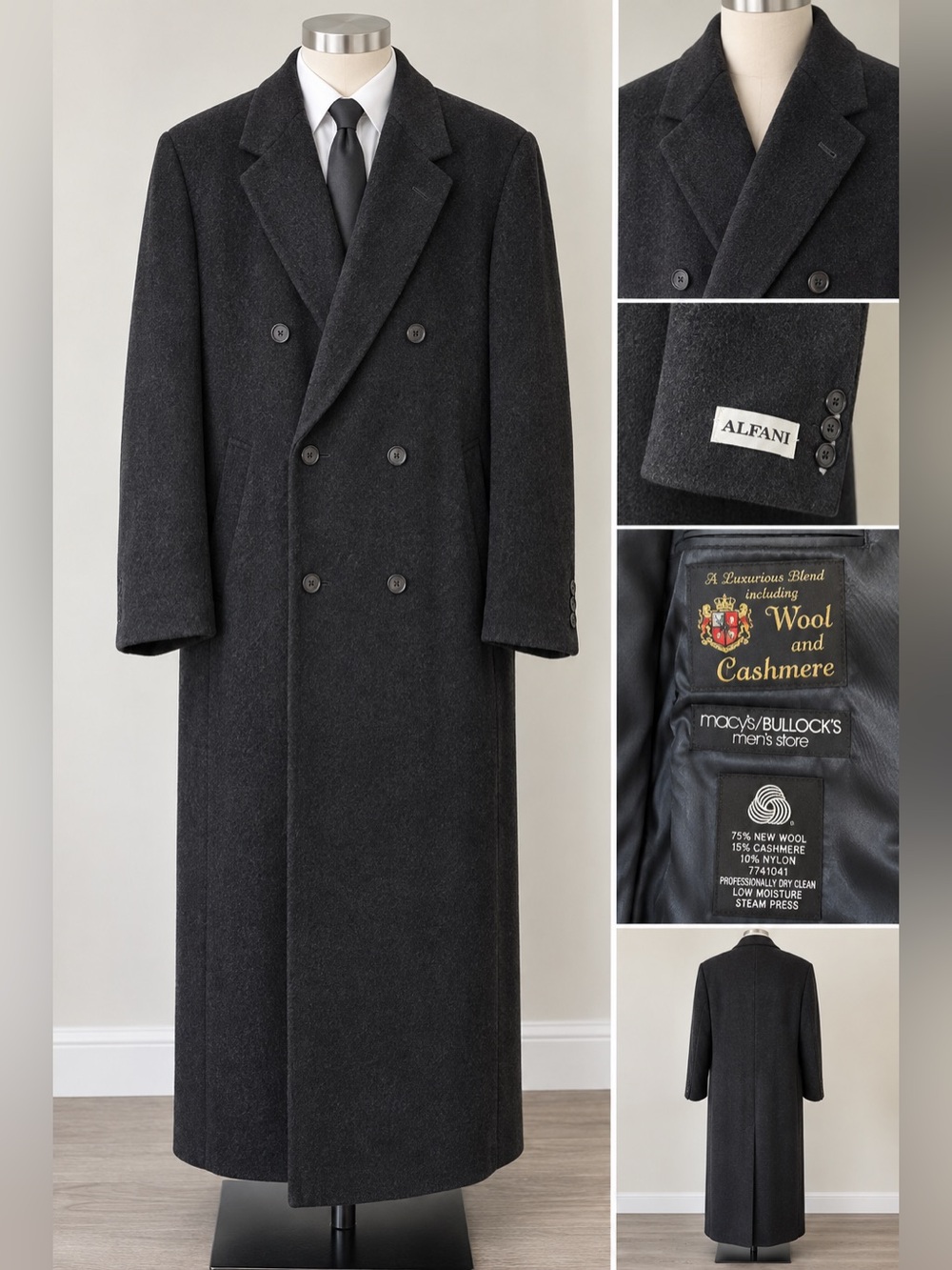 NWT Vintage Alfani Men’s 40R Wool Cashmere Double Breasted Full Length Overcoat